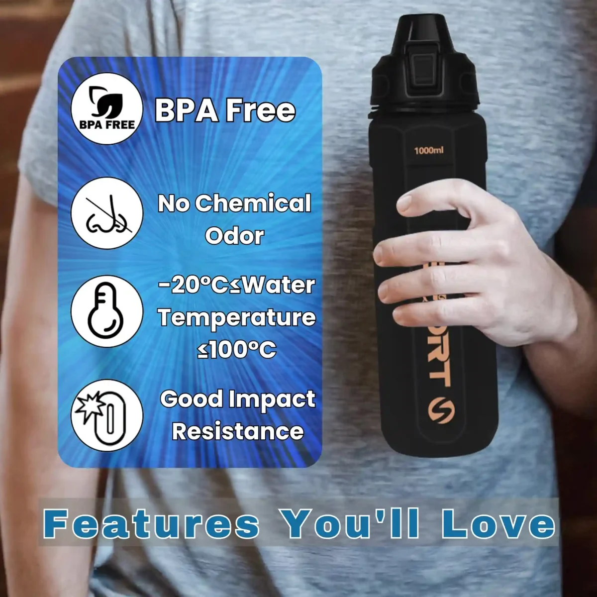 BPA Free Leakproof  1L Water Bottle - for Gym, Hiking and Work - Image 5